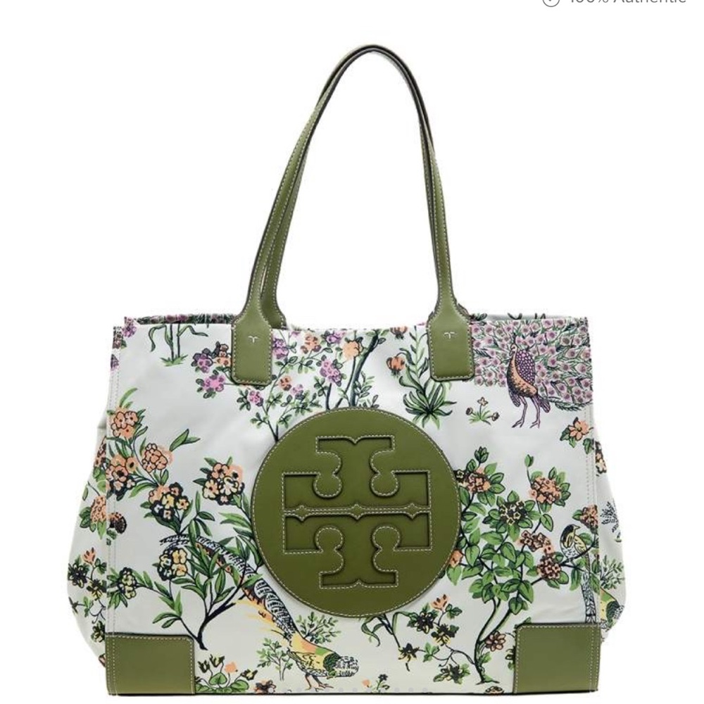 Tory Burch Green Floral Tote Bag